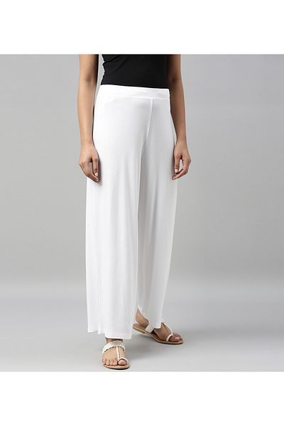 Go Colors Women's Solid White Viscose Mid Rise Knit Palazzos
