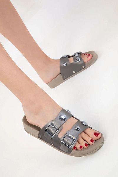 NOVİNS Women's Double Buckle Mounted Lightweight Pad Sole Slippers Summer Slippers