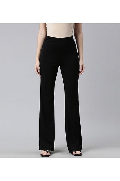 Go Colors Women's Solid Black High Rise Ponte Bell Bottoms