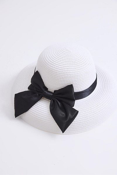 Raneel Kazançlı Alışveriş Bow Detailed Women's Straw Beach Pool Hat White