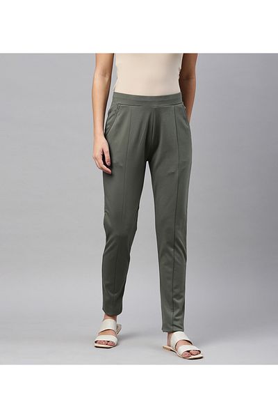 Go Colors Women's Solid Olive Green Stretch Ponte Pants
