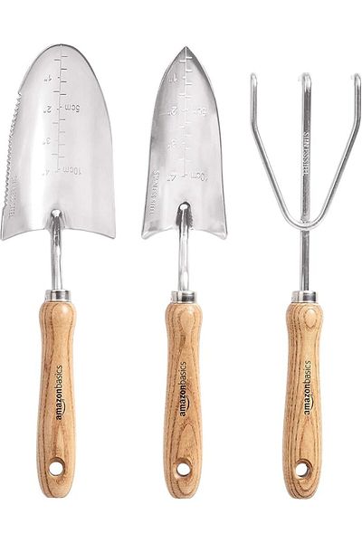 Amazon 3-piece garden tool set with trowel, transplanting trowel and hand rake