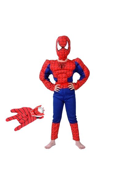 Depox Classic Spiderman costume set with muscles, red and glove with discs, 5-7 years, 110-120 cm