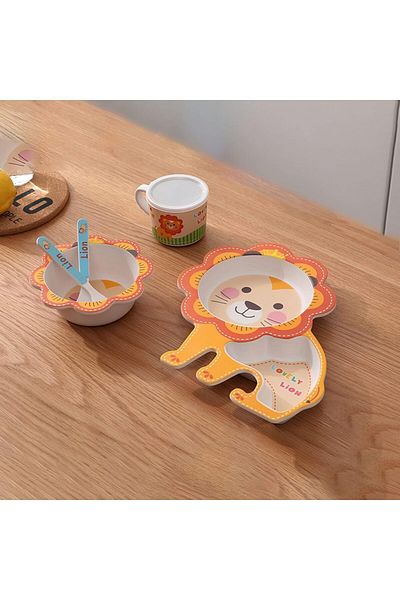 Saharaz 5-piece children's cartoon tableware set,lion shape,natural bamboo fiber,durable and easy to clean