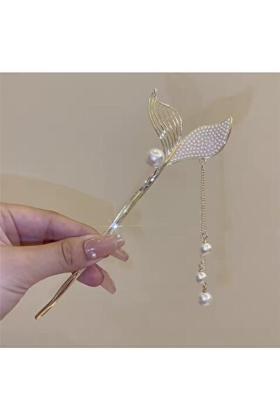 Pelin Aksesuar Gold Pearl Fish Tail Japanese Bun Stick Buckle