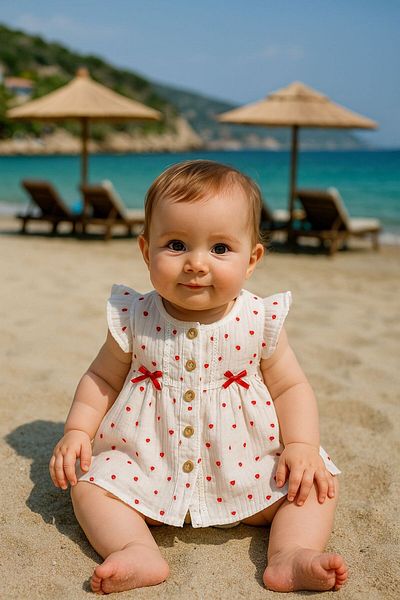 TinyAlp Heart Patterned Muslin Fabric Natural Baby Girl Dress