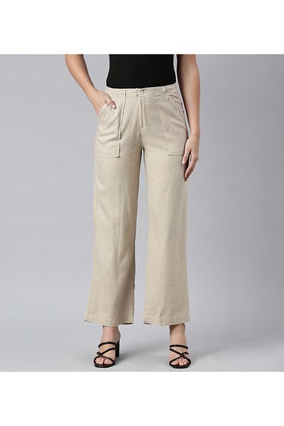 Go Colors Women's Light Beige Linen Cargo Pant