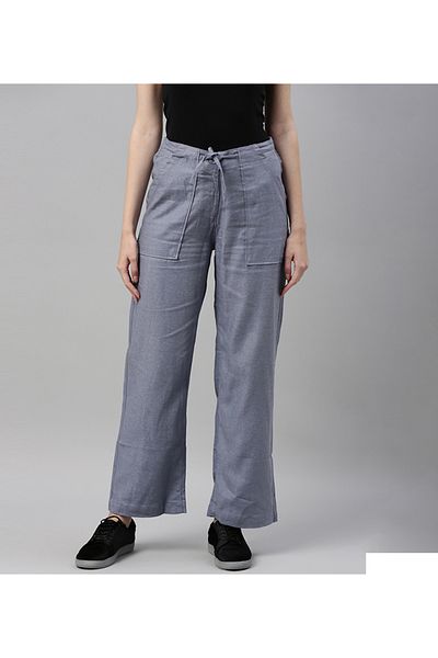 Go Colors Women's Solid Jean Blue Linen Cargo Pant