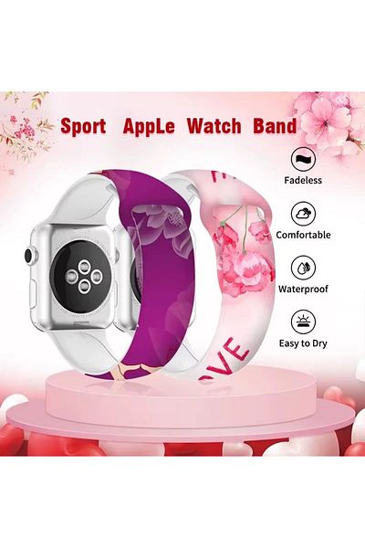 REDz Accessories Love Rose Strap for Apple Watch, Cartoon Print, Sport, Silicone, White and Pink - 44/45/46/49 mm
