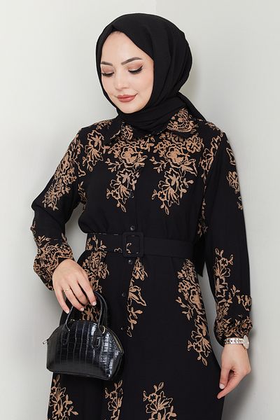 InStyle Sequined Pattern Shirt Collar Black Viscose Dress