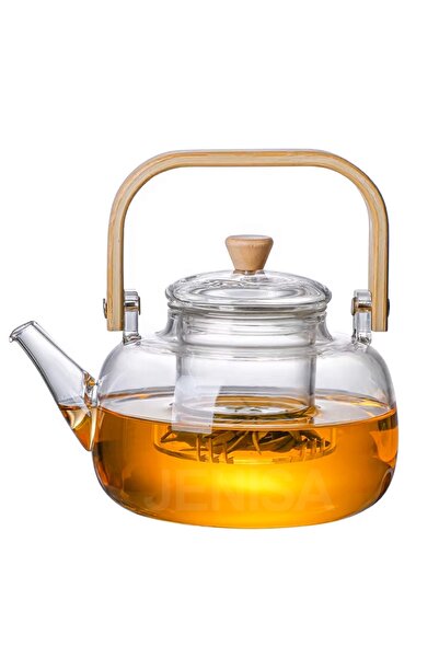 Jenisa Glass Filter Teapot with Wooden Handle 1000 ml - Heat Resistant Glass Herbal Tea Infuser