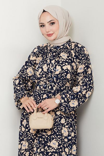 InStyle Shadow Flower Pattern Navy Blue Viscose Dress
