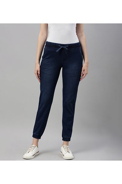 Go Colors Women's Solid Blue Denim Joggers