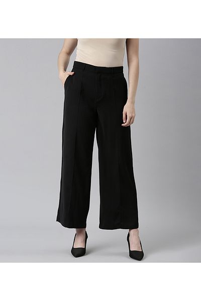 Go Colors Women's Solid Black High Rise Crepe Wide Pant