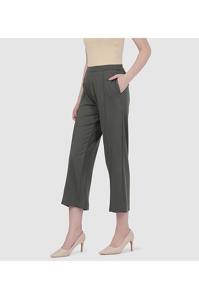 Go Colors Women's Solid Olive Green Ponte Wide Leg Pants