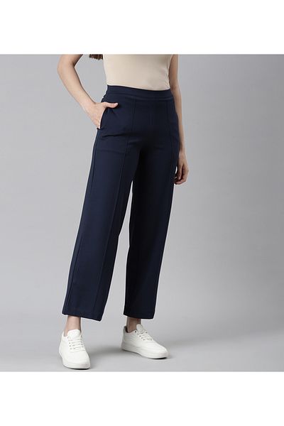 Go Colors Women's Solid Navy Ponte Wide Leg Pants