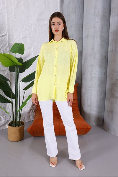 BLUSS Women's Yellow Oversize Shirt - Double Breasted Buttons, Cuff Detail - Bird's Eye