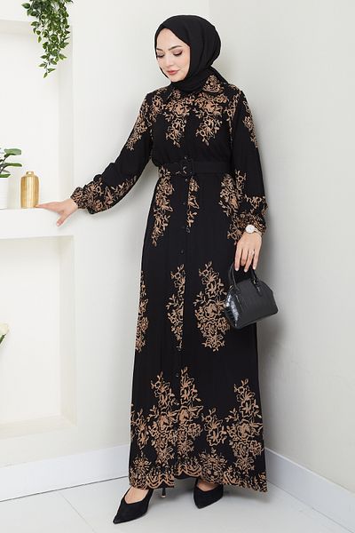 InStyle Sequined Pattern Shirt Collar Black Viscose Dress