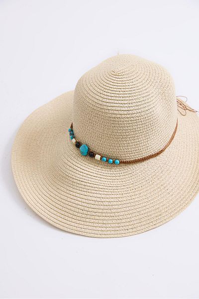 Raneel Kazançlı Alışveriş Bead Detailed Straw Women's Beach Hat Beige