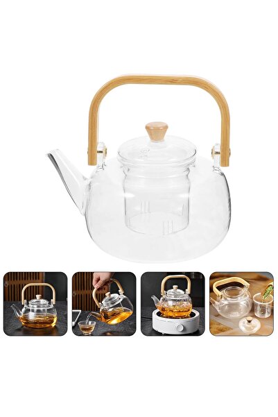 Jenisa Glass Filter Teapot with Wooden Handle 1000 ml - Heat Resistant Glass Herbal Tea Infuser