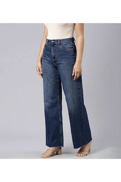 Go Colors Women's Solid Blue Denim High Rise Wide Jeans