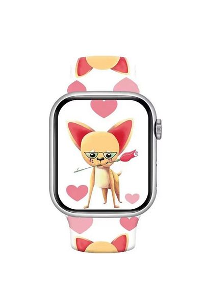 REDz Accessories Curea Love Cat pentru Apple Watch, Imprimeu de desene animate, Sport și reglabilă, Silicon, Alb - 38/40/41 mm