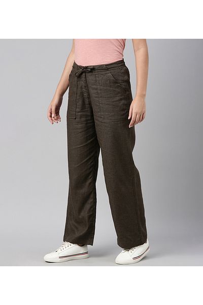 Go Colors Women's Solid Olive Green Linen Cargo Pant