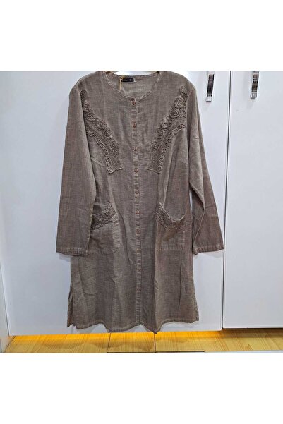 NUR TEKSTİL kadın bej 100% pamuk şile bezi cepli dantel işlemeli uzun kol tun...