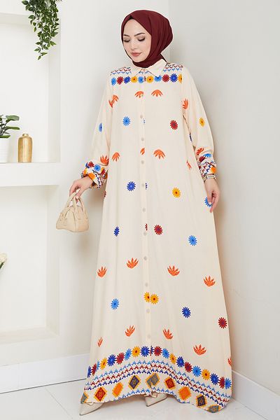 InStyle Gathered Floral Patterned Stone Viscose Dress