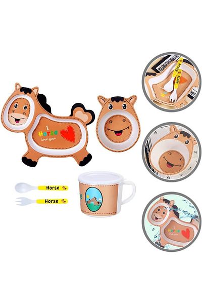 Saharaz 5-piece children's cartoon tableware set,pony shape,natural bamboo fiber,durable and easy to clean