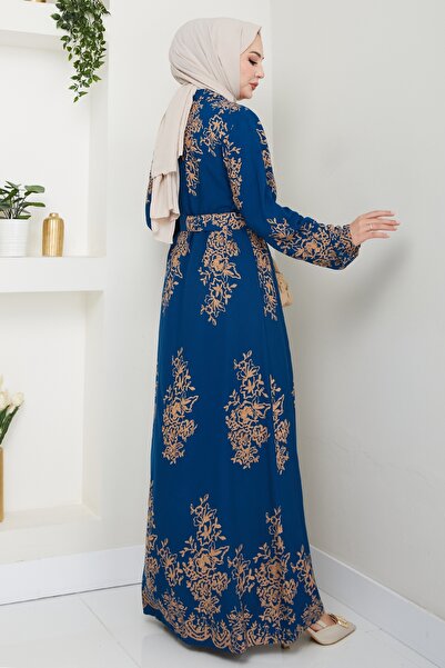 InStyle Sequential Pattern Shirt Collar Petrol Blue Viscose Dress