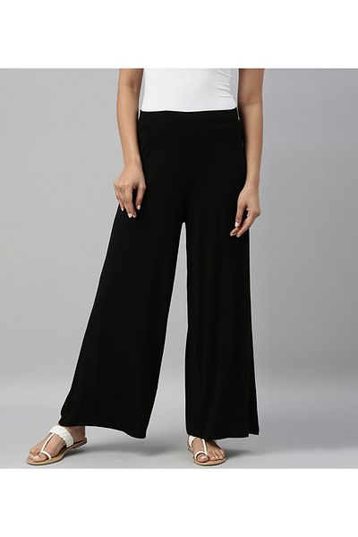 Go Colors Women's Solid Black Viscose Mid Rise Knit Palazzos