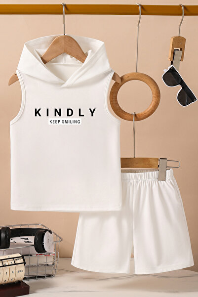 TARZ STİL Özel Tasarım Kapşonlu Kindly Baskılı Tişört Şort 20547