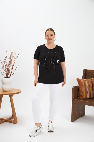 RMG Large Size Stone Detail Printed T-Shirt Black