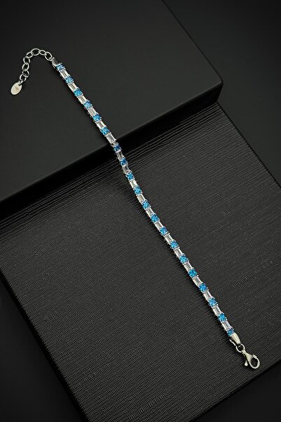 FRNCH 925 Ayar Gümüş Aqua Marine Taşlı Turkuaz-Beyaz Renk Tennis Erkek Bilekl...