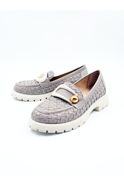 Tenau Kadın Hakiki Deri Dolgu Loafer Gri