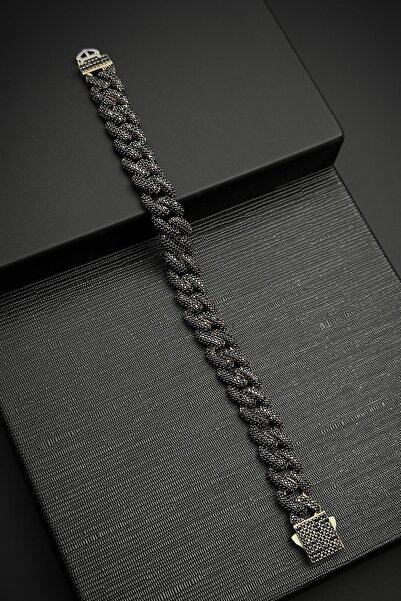 FRNCH 925 Ayar Gümüş Zirkon Taşlı Siyah Renk Tennis Erkek Bileklik FRJ12452-3...