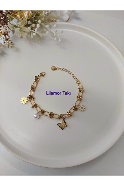 Lilamor Çelik Zincir Kelebek İnci Papatya Detaylı Bileklik
