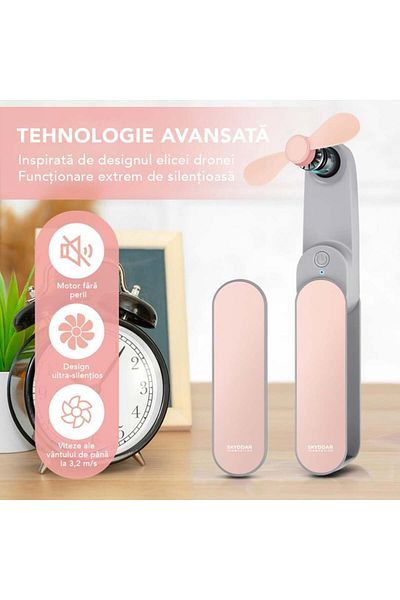SKYDDAR INNOVATION Mini ventilator portabil, ventilator de buzunar, ventilator de birou, ventilator de mână, ventilator silențios, ventilator pliabil, 1200mAh, - roz