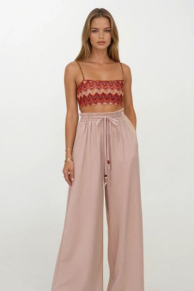VAGGON Women's Beige Double Pocket Elastic Waist Tie Palazzo Trousers Vs00185
