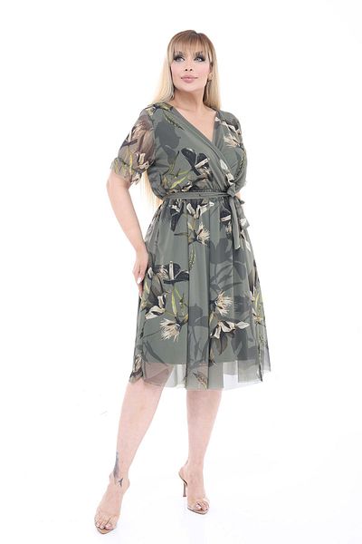 modayız Floral Print Chiffon Double Breasted Neckline Belted Plus Size Midi Dress 7E-2681
