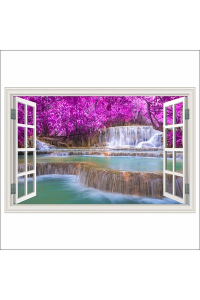 media Fototapet de perete autoadeziv si lavabil Fereastra Cascada, padure roz, Laos, 200 x 135 cm