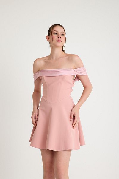 SpringStore Powder Draped Madonna Collar Short Evening Dress