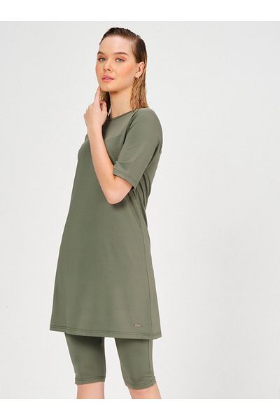 ALFASA Basic Half Sleeve Battal Semi-Closed Swimsuit - Khaki - Alfasa