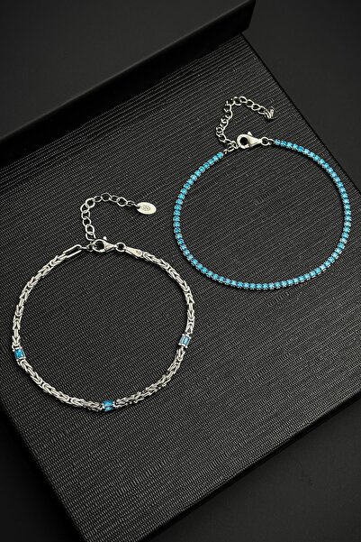 FRNCH 925 Ayar Gümüş İtalyan Model Turkuaz Zirkon Taşlı Gümüş Renk Erkek Bile...