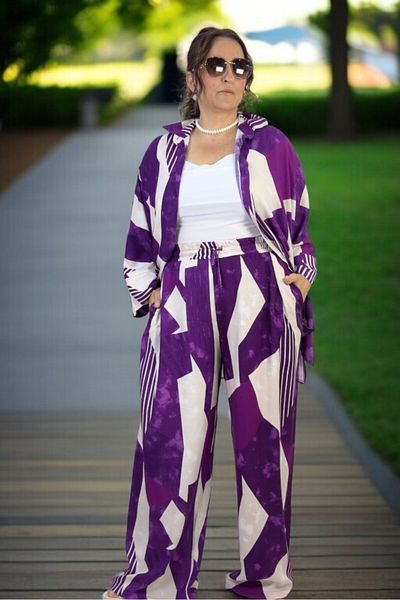 yagmurberen Oversize Cut Cotton Summer Fabric Front Buttoned Shirt Waist Elastic Pants Large Purple