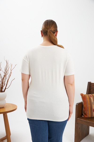 RMG Large Size Stone Detail Printed T-Shirt Ecru