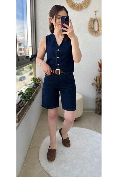 TUNAM BUTİK Jeans Shorts Slapli Dark Blue