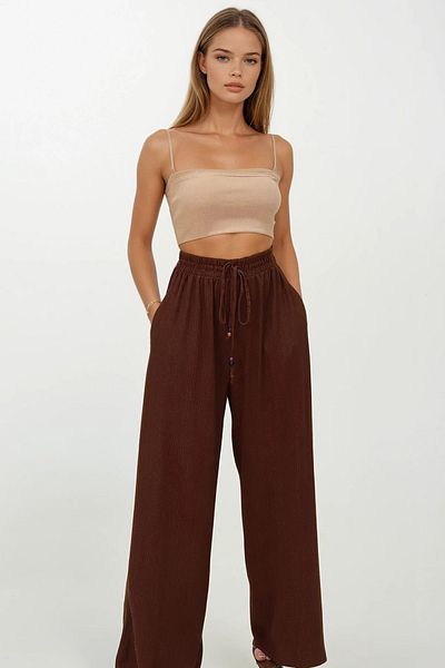 VAGGON Women's Brown Double Pocket Elastic Waist Tie Palazzo Trousers Vs00185