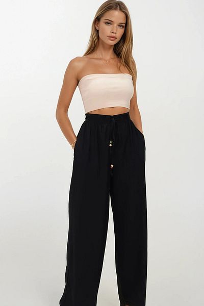 VAGGON Women's Black Double Pocket Elastic Waist Tie Palazzo Trousers Vs00185